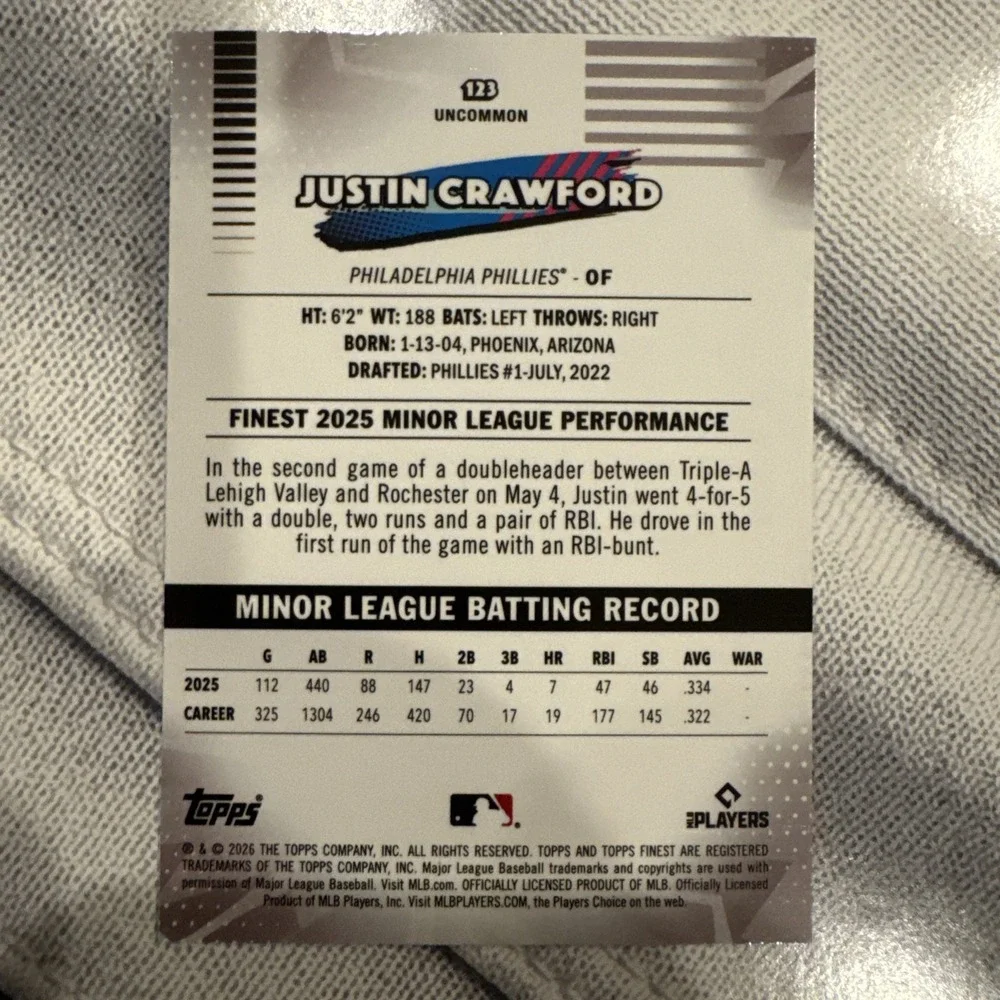 2026 Topps Finest Justin Crawford #123 MDR Uncommon RC Phillies